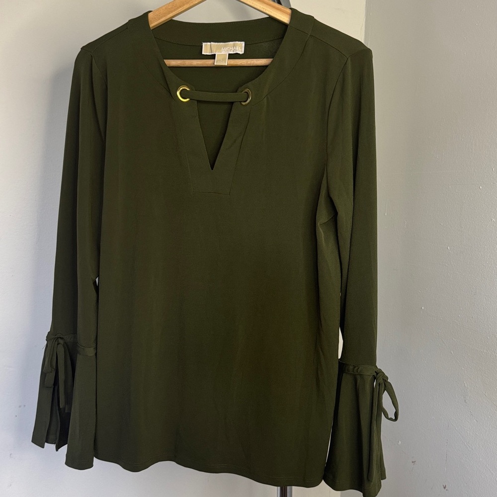 Michael Kors Dark Green Blouse with Tie Sleeves size L